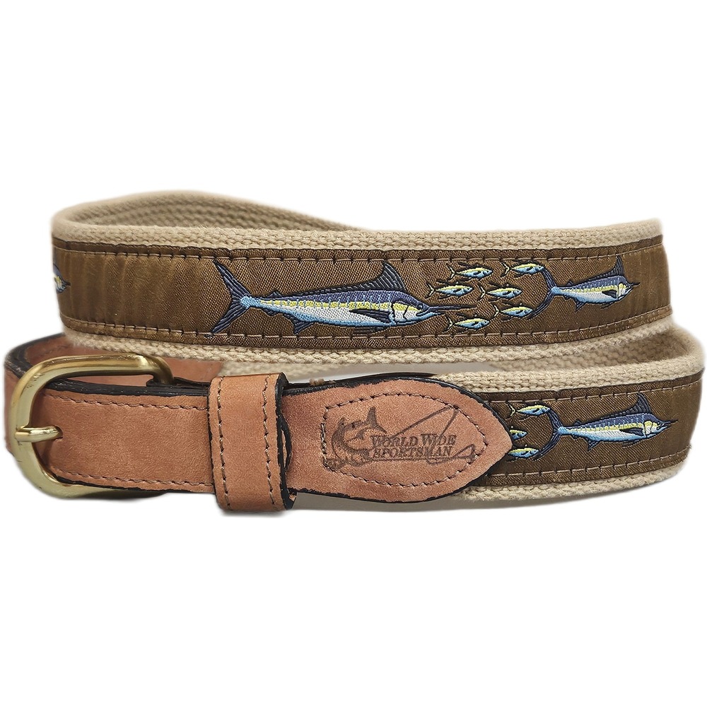 World Wide Sportsman Brown/Tan Embroidered Fish Canvas Leather Belt Size 40
